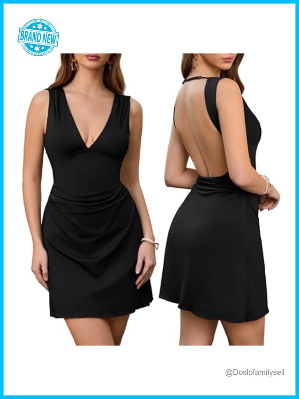 Parthea Women's Sleeveless Mini A-Line Party Club Dress Deep V Neck Ruched